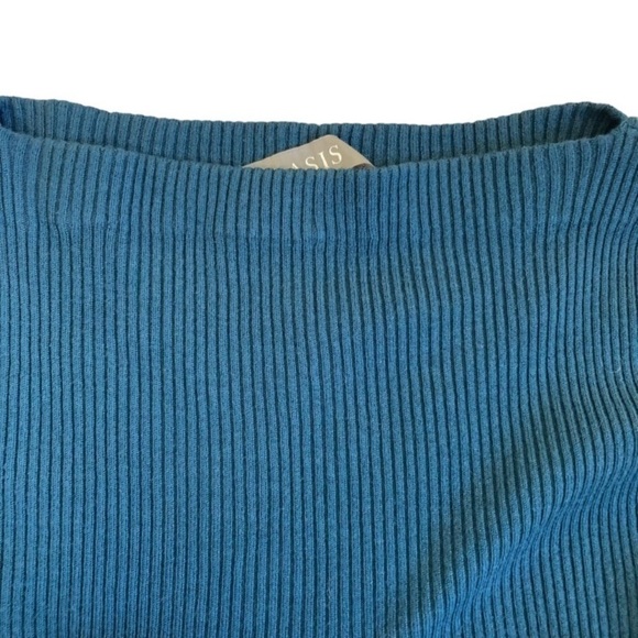 Oasis UK Ribbed Knit Flutter Sleeve Midi Dress A-line Teal Feminine Twee Fairy - Picture 8 of 15